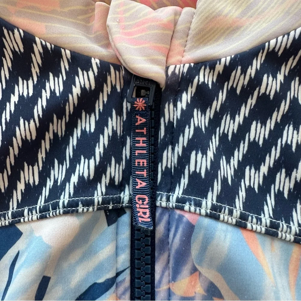 Athleta Navy Floral Print Long-Sleeve One-Piece Swimsuit with Coral Lining